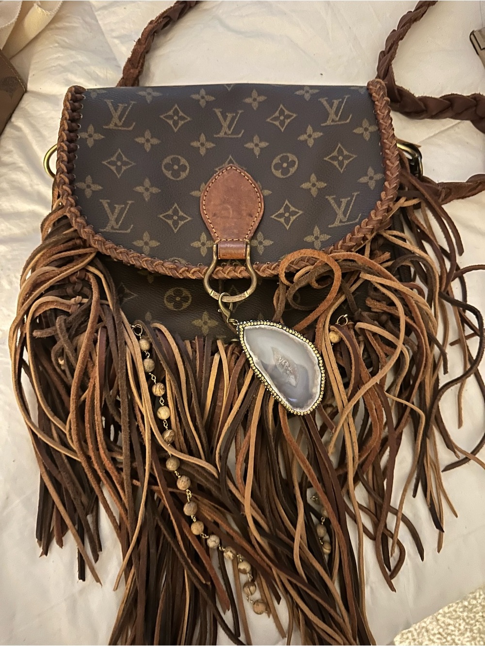 Vintage Boho Brown Monogram Fringe Crossbody with Agate Charm